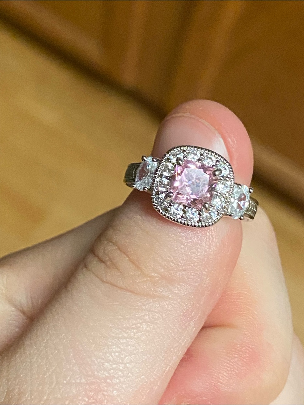 Pink Center Halo Ring in Silver Tone